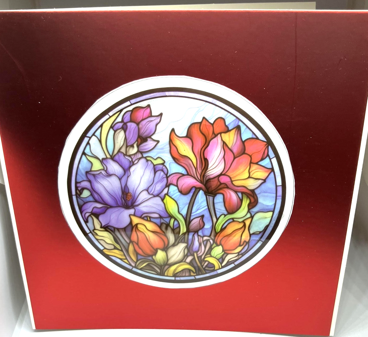 Red and Blue Flower Stained Glass Effect Card