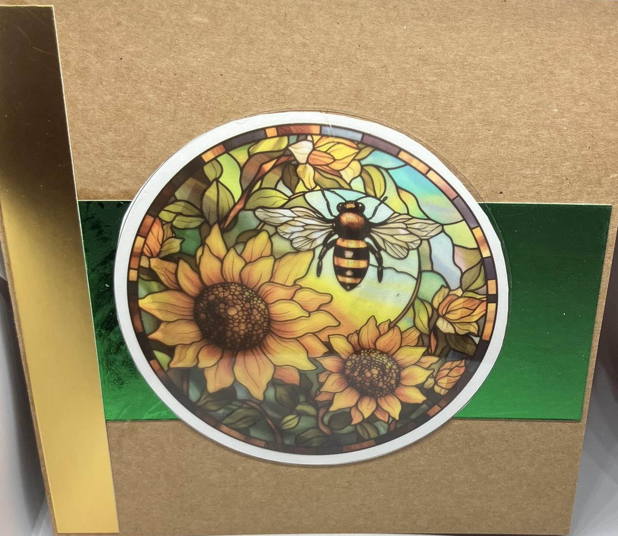 Bee Gold Border Stained Glass Effect Card