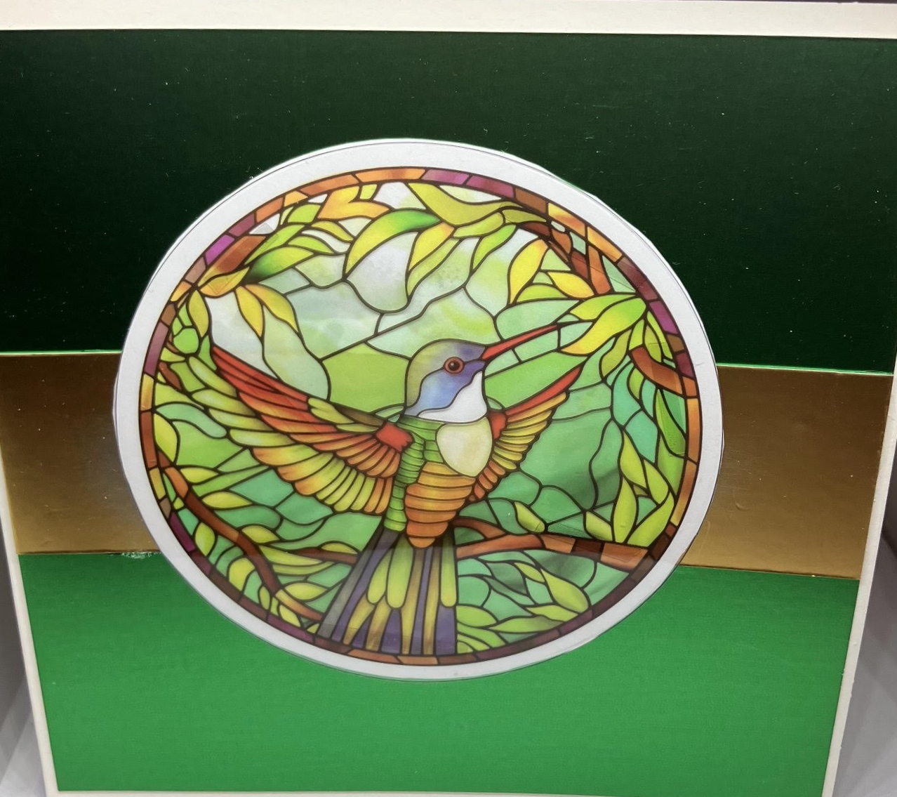 Humming Bird in Flight Stained Glass Effect Card