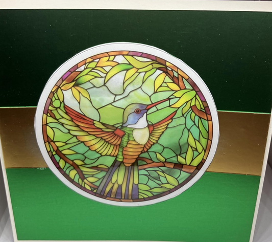 Humming Bird in Flight Stained Glass Effect Card